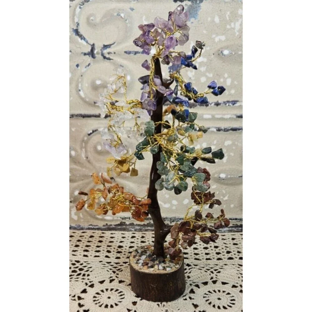 Beautiful Boho Style Tree Made of Polished Stones w/ Wooden Bottom 10"